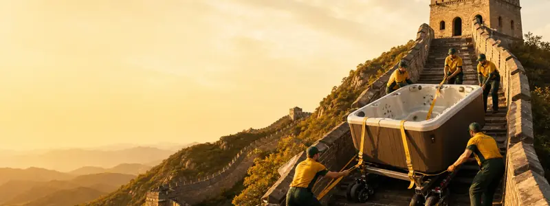 Clearly AI-generated joke image of a fictional Sunshine Hot Tub Movers crew moving a hot tub along the Great Wall of China.